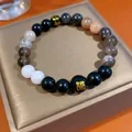Multi-colored natural stone bead bracelet with gold character detail on gift box - Style 54 / Black