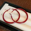 Close-up of glossy dark red enamel hoop earrings presented in a elegant jewelry box. - Red