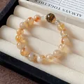 Elegant yellow phantom quartz and tiger eye beaded bracelet with gold flower spacers - Style 66 / Gold-Yellow