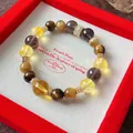 Retro Maillard style tiger eye and yellow crystal beaded bracelet with gold flower spacers - Style 67 / Gold-Light Yellow