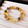 Vintage tiger eye and citrine beaded bracelet with engraved flower crystal in jewelry box - Style 74 (Square Tag) / Yellow