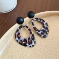 Detailed macro view of vintage leopard print acrylic dangle earrings with black studs - Gray Teardrop (5#)