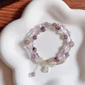 Elegant double-strand purple crystal and pearl beaded bracelet with heart charm for women - Style 81 (Silver Heart Pendant) / Silver-Purple
