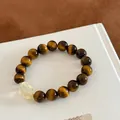 Elegant tiger eye stone beaded bracelet with yellow crystal focal bead for men and women - Style 87 (Tiger Eye) / Brown