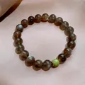 Retro tiger eye stone beaded bracelet with green accent bead and gold spacers. - Style 88 (Cat Eye Effect) / Gray