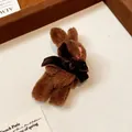 Detailed view of a cute brown plush bunny brooch featuring a soft dark velvet bow - Bow Rabbit (11#)