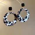 Vintage leopard print hoop earrings with black square studs for a retro Maillard look - Coffee Long Hoop (67#)