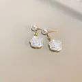 Detailed close-up view of elegant pearl and white rose flower dangle earrings with gold accents - Rose Style (1#)