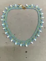 Handmade beaded lace choker necklace with light blue glass beads and elegant drop pearls - 5# Gold-Blue-White (Pearl Style)