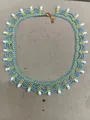 Vintage blue glass beaded lace necklace with white drop pearls and gold tone accents - 6# Gold-Blue-White-Large