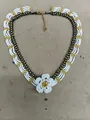 Vintage beaded lace necklace with a white glass flower pendant and black golden accents - 7# Gold-White-Black