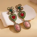 Pendientes vintage estilo corte con corazón, camafeo rosa y piedras verdes retro - Pendientes de Gota (32#) / Aguja de plata / Dorado/Verde/Rojo/Rosa