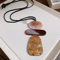 Retro marbled resin geometric pendant necklace with a black leather cord for women - Vintage Geometric Marble Texture Wax Rope Necklace / 24# Necklace-Black-Dark Coffee