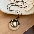 Vintage ethnic style wooden bird pendant necklace with handmade jute rope wrap detail - Bird Circle Braided Style (1#)