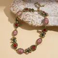 Vintage retro court style necklace with red heart gems and pink cameos on gold chain - Necklace-Green