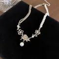 Elegante Vintage-Halskette mit silberner Rose und Perlen für Damen im Retro-Stil - 41# Halskette-Blume