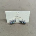 Minimalist 18k gold plated silver needle earrings with dark pearls and zircon stones - Curved Arrangement / Silver-Grey