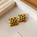 Vintage matte gold square stud earrings with leopard print and amber crystal accents - 43 Silver Needle - White Flower Gold Edge