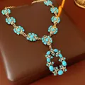 Elegante collar vintage de estilo corte retro con piedras turquesas y baño de oro puro - Collar (93#) / Dorado/Azul