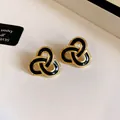 Elegant French retro gold-toned earrings with black enamel inlay and beaded edge detail - 49 Silver Needles - Gold - Black