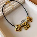 Vintage French style leopard print square pendant necklace with black cord jewelry - 42 Necklace - Gold