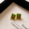 Vintage court style rectangular green enamel stud earrings with red crystal flower - Earrings (Silver Needle) / Gold-Green-Red