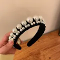 Elegant French vintage black velvet headband decorated with white pearls of various sizes - Black Pearl Style