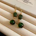 Elegant vintage French style dangle earrings with marbled green beads and glass accents. - 4 Ear Hooks - Gold - Green