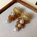 Vintage French style cluster earrings with faux pearls and amber beads in gold finish - 37 Silver Needle - Gold - Brown = White