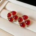 Vintage French style floral earrings with red stones and pearls in gold setting - 41 Silver Needles -- Gold -- Red
