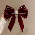 Pince à cheveux noeud en velours bordeaux élégante avec bordure en strass et perle - 珍珠镶钻大蝴蝶结(2#)