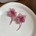 Sweet pink chiffon flower tassel drop earrings with hypoallergenic silver needles - Silver Needle / Pink
