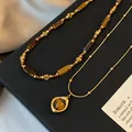 Élégant ensemble de colliers superposés avec perles oeil de tigre brunes et fini doré - 28# Collier (ai-HN7721) / Or avec Café