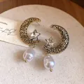 Vintage gold moon star earrings with teardrop pearls and crystals - 法式复古月亮星星款式(HE29311) / Gold