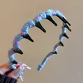 Close-up of blue woolen yarn wrapped wave headband with black teeth for volume - 3# Headband-Blue
