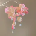 Fresh pink chiffon flower tassel earrings with elegant pearl drops for holiday style - Silver Earring Post (89#) / Pink
