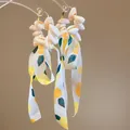 Bohemian cowrie shell hoop earrings with long yellow floral chiffon ribbons for summer - Silver Earring Post (93#) / White