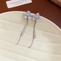 Elegantes pendientes dulces de flores con borlas de plata y pedrería brillante para mujer - Plata Azul Pavé (32#)