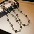 Macro detail of French vintage pearl necklace with grey and green beads and silver rings - Gray-Green Patchwork (23#) / Gray Green
