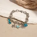 Silver-toned marine charm bracelet with blue dolphin starfish and sea shell pendants - Turtle Charm Bracelet (HB2985) / Gold Blue