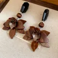 Retro Maillard-style resin flower drop earrings with black faceted studs for women - Silver Post Flower Pendant Style / Coffee