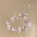 Elegantes rosa Perlenarmband mit Zirkonia-Kleeblatt-Anhängern an verstellbarer Kette - 112# Zirkonia-Blumenstil / Silber-Rosa