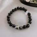 Eleganter schwarzer Perlenarmband mit Kristallakzent und hohlem silberfarbenem Anhänger - 114# Armband-Stil / 8mm (Mit Geschenkbox) / Schwarz