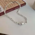 Elegant irregular silver geometric bead necklace with a large white pearl pendant. - Large Pearl Geometric Irregular Style (7#) / Silver