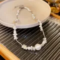 Silver geometric bead necklace with elegant pearls in a minimalist chic design - Pearl Irregular Splicing Style (43#) / Silver
