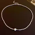 Minimalist silver geometric bead necklace featuring a central white pearl bead accent. - Square Style (22#) / Silver