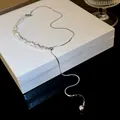 Elegant silver pearl necklace with broken silver beads and adjustable drop chain. - Drooping Adjustable Chain Style (HN2148) / Silver