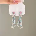 Eleganti orecchini a nappa in argento con zircone rosa e dettagli in cristallo blu. - 50# Silver Post - Tri-color Tassel Style / Argento-Blu-Rosa