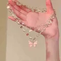 Elegant double-layered necklace featuring a pink butterfly pendant with pearls and crystals - Pink Butterfly Double Layer Pearl Necklace (12#) / Two-Piece Set / Gold