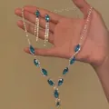Exquisite silver-tone necklace and earring set featuring blue marquise crystals and rhinestones - Dark Blue Gemstone V-Shaped Jewelry Set (19#) / Two-Piece Set / Blue